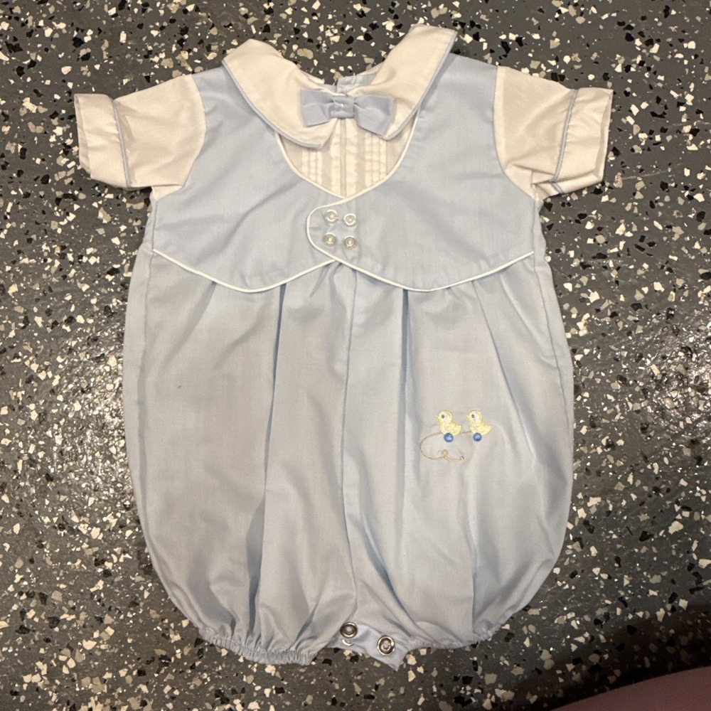 VTG Alexis Baby Boy Blue Bubble Romper Duck Embroidered Collared Made in USA 3M